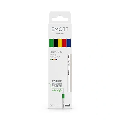Image de Emott Uni Ball Mitsubishi Pencil Pochette de 5 Feutres Vivid Colors Pour Écrire, Dessiner, Tracer avec Style ! Pointe Fine 0,4 mm Bleu, Jaune, Rouge, Vert, Noir