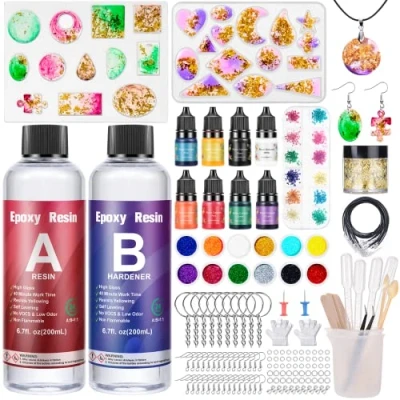 Image de Resine Epoxy Transparente 2 parties 400ml, Kit Complet avec Moule, Colorant, Paillettes, Feuille d&#039;or, 1:1 Ratio pour Fabrication de Bijoux, Collier, Porte clés