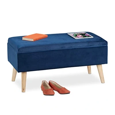 Image de Relaxdays Banc siège avec Espace de Rangement, Housse Velours, 40 l, Pieds en Bois, entrée, Caisse,41x80x40cm, Roi, Tissu, Mousse, Bleu foncé, 1 élément