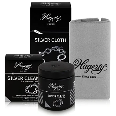 Image de Kit d’entretien pour bijoux en argent Hagerty, bain nettoyant 170 ml, chiffon de nettoyage 30 x 36 cm (imprégné)