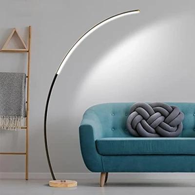Image de HKLY Lampadaire LED Arc Design, Dimmable sur Pied Salon avec Télécommande Arqué Métal Socle en Bois Lampe pour Chambre Bureau, 18W, 170 cm, Noir