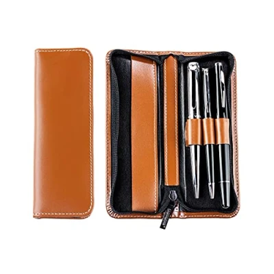 Image de DELMON VARONE Étui à crayons personnalisé pour 3 instruments d&#039;écriture en cuir marron Trousse Porte stylo avec fermeture éclair Housse de protection stylos bille et plume