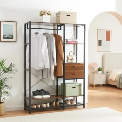 Image de [en.casa] Portant à Vêtements Design Industriel Portemanteau avec Barre de Penderie 2 Tiroirs Compartiments Rangement pour Entrée Dressing Métal MDF 180 x 120 40 cm Noir Effet Noyer