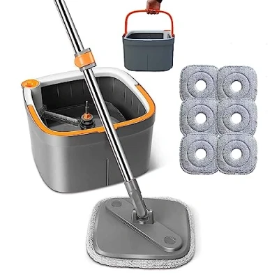 Image de Feloyal Balai à Franges et Seau avec 6 Tampons de Vadrouille Remplaçables en Microfibre Système d&#039;auto séparation l&#039;eau Sale Propre, Tête Carrée Rotative 360