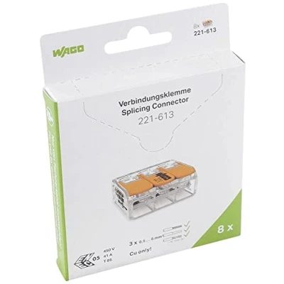 Image de WAGO Lot de 8 bornes connexion 221 613 3 broches Jusqu&#039;à 6 mm² Connecteur câble compact avec levier pour tous les types conducteurs dans le monde entier Sécurité d&#039;utilisation