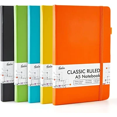 Image de Feela Lot de 5 Carnet Notes A5 avec Stylos Noirs, Ligné Classique à Couverture Rigide, Cuir pour Travail et Prise Notes, 128 Pages, 120 gsm, Couleurs Unies