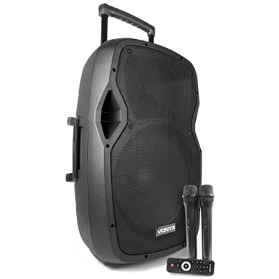 Image de Vonyx AP1500PA Enceinte Sono Portable avec Micros sans Fil 800W Max, Bluetooth, USB/SD/MP3, Boomer 15&quot;, Batterie Intégrée, Poignée Télescopique et roulettes pour Les Déplacements