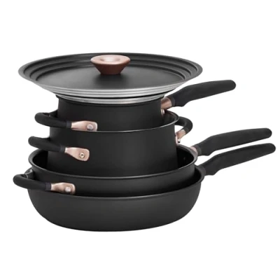 Image de Meyer Accent Lot de 6 casseroles et poêles empilables avec couvercles universels forme anti déversement, noir, acier inoxydable adhésif