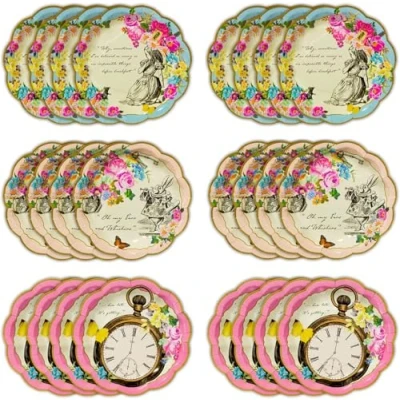 Image de Talking Tables Assiettes Jetables Lot de 24 Thème Alice Pays Merveilles, Anniversaire autour Chapelier Fou, Assiette Carton Goûter, Baby Shower, Fête des Mères, Multicolore, 18 cm