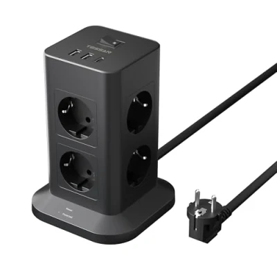 Image de TESSAN Tour Multiprise Electrique Parafoudre avec 8 Prises, 2 USB et 1 Type C, Secteur 2M, Surtension, Interrupteur pour Bureau Maison, Noir