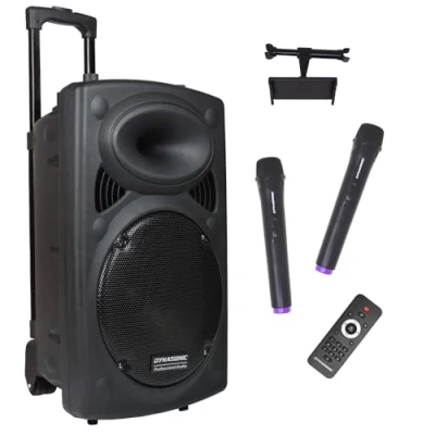 Image de DYNASONIC DYNAPRO 15 Plus (3ª Gen) Enceinte Haut Parleur Bluetooth Portable Professionnel, Puissant 800 W, 2 Microphones karaoké et Support pour Tablette