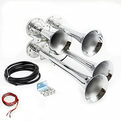 Image de YIYIDA klaxon de Voiture Argent à Quatre Tubes Double 12V 150DB Haut Parleur électrovanne Tuyau La Valve électromagnétique pour Chaque Camion véhicule Forme des Bateaux avec Grand