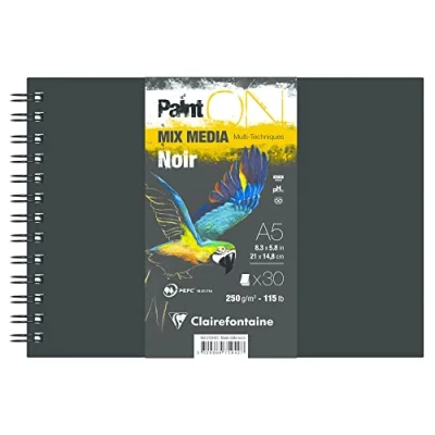 Image de Clairefontaine 975942C Carnet Spiralé PaintON Multi techniques 30 Feuilles Papier Dessin au Grain Légèrement Rugeux Noir A5 14,8x21 cm 250g