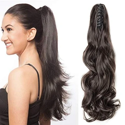 Image de SEGO Postiche Queue de Cheval Ondulé Bouclé Elastique Extension Cheveux Frisé Body Wave Curly Ponytail Attaché Par Srcatch Pince 45 CM Marron Foncé