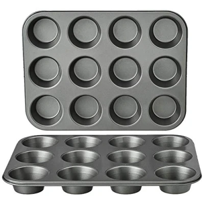 Image de Amazon Basics Ronde moules à muffins en acier carbone antiadhésif, Lot de 2, Gris