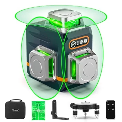 Image de CIGMAN Niveau laser vert 3x360, de chantier à nivellement automatique, distance 30m, 9 hours batterie Li Ion, avec télécommande, support magnétique, trépied pivotant, sac transport antichute