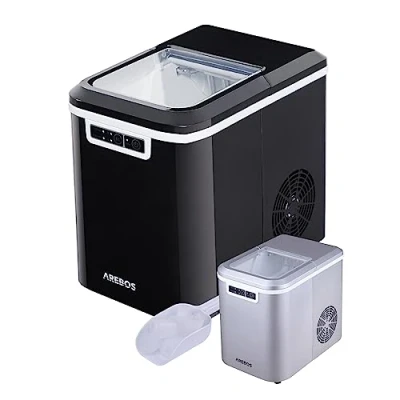 Image de Arebos Machine à glaçons 12 kg / 24 h 10 15 minutes de production 2 tailles Réservoir d&#039;eau 2,2 litres Silencieuse Fonction autonettoyante Noir