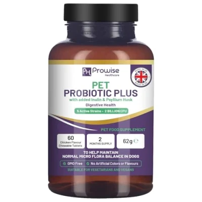 Image de Pet Probiotic Plus avec ajout d&#039;inuline et de cosses psyllium 2 milliards d&#039;UFC 5 souches Actives I 60 comprimés à croquer au goût Poulet Mois d&#039;approvisionnement