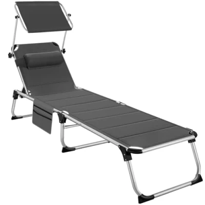 Image de TecTake® Chaise Longue Pliante Bain de Soleil Jardin Exterieur avec Pare Soleil, Appuie tête &amp; Poche latérale, inclinable Transat Plage Relax Camping Salon