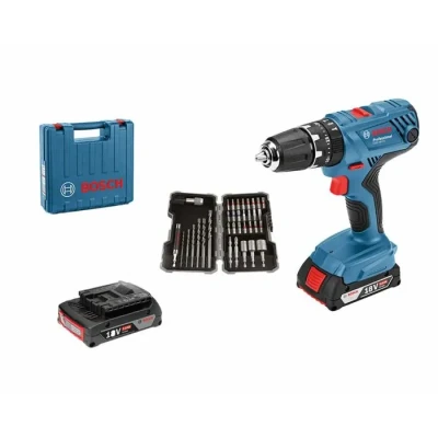 Image de Bosch Professional 18V System perceuse visseuse à percussion sans fil GSB 21 (avec 2 batteries 2,0 Ah, Set d’accessoires 40 pièces, dans L BOXX) exclusif Amazon