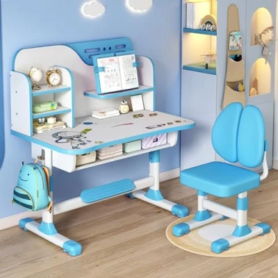 Image de joukares Ensemble bureau et chaise pour enfants, table ergonomique réglable en hauteur avec motif astronaute, support à livres tiroir de rangement Bleu