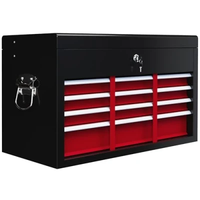 Image de caisse à outils HOMCOM, sans outils, avec 6 tiroirs, serrure, boîte poignée, acier, rouge+noir, 60 x 26 34 cm