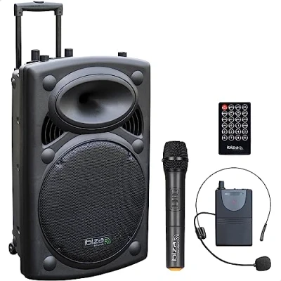 Image de Ibiza PORT15UHF BT Enceinte Portable 15&quot;/800W Max avec 2 micros (UHF), télécommande et Housse de Protection Bluetooth, USB, SD &amp; TWS Autonomie 6 à 8h