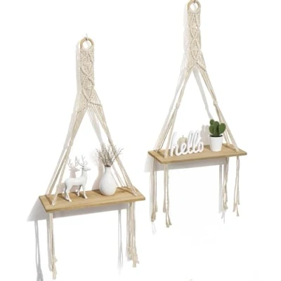 Image de Afuly Etagere Murale Bois Macramé Suspendue Boho Swing Support Plante Rustique Salon Chambre à Coucher, Lot de 2