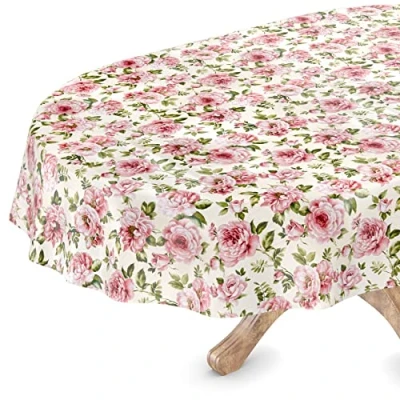 Image de Nappe en toile cirée lavable, ovale, bord coupé, motif fleurs Nathalie, facile d&#039;entretien 140 x 160 cm