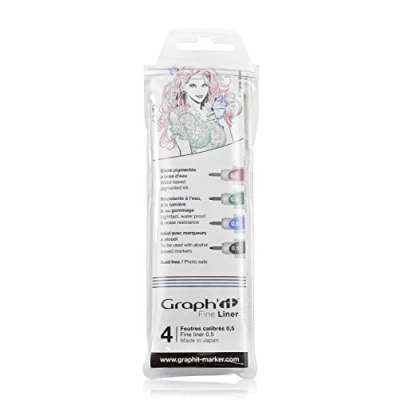 Image de GRAPH&#039;IT Fine Liner pochette de 4 feutres à pointes calibrées encre pigmentée base d’eau résistante la lumière et au gommage, couleurs Noir Bleu Rouge Vert, taille 0.5