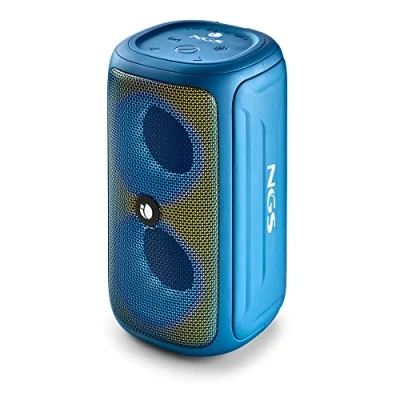 Image de NGS ROLLER BEAST AZURE Haut parleur portable puissant 32w compatible avec la technologie Bluetooth 5.0 et TWA, lumières RVB, IPX5 résistant à l&#039;eau poussière, microphone, mains libres, Bleu.