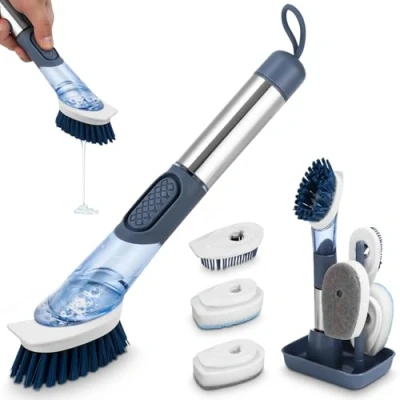 Image de LEAZZLE 27CM Brosse à Vaisselle Set avec 4 Têtes Remplacement et Support, de Nettoyage Distributeur Savon,Brosse a Cuisine pour Casserole Poele Evier