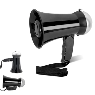 Image de FISHTEC Mini Mégaphone Rétractable Porte Voix Puissance 5W Fonction Haut Parleur et Sirène Volume Réglable Fonctionne avec 6 Piles AA Longueur de 17cm Noir Argenté