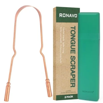 Image de RONAVO Gratte langue en cuivre pour adultes, soin bucco dentaire et hygiène une haleine plus fraîche avec étui de voyage