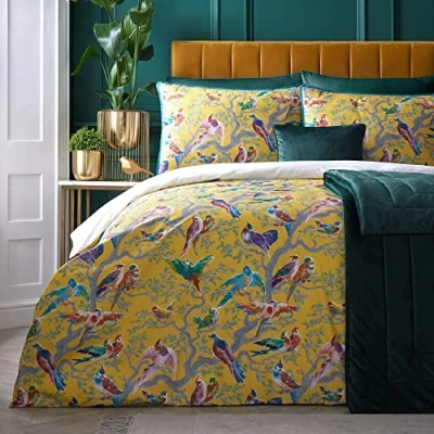 Image de Laurence Llewelyn Bowen Parure de Lit Jaune et Multicolore Double (200 x 200 cm) Imprimé Oiseau Housse Couette Luxe 100% Satin Coton Collection Birdity Absurdity