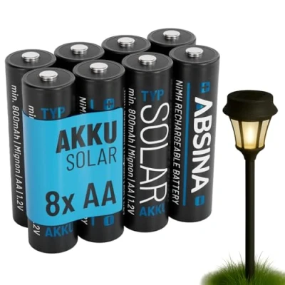 Image de ABSINA 8X Pile Solaire Rechargeable AA 800mAh 1.2V NiMH pour Lampe à Faible décharge Piles Rechargeables, Batteries solaires