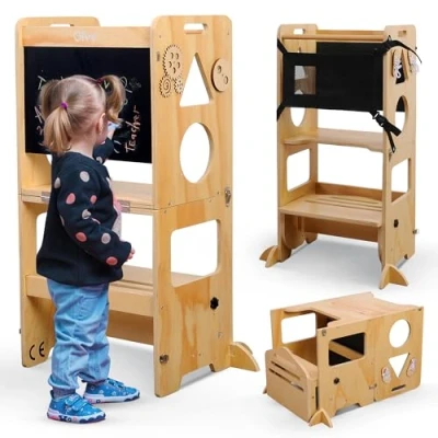 Image de Olvy Kids 3 en 1 Tour d&#039;apprentissage Montessori Tabouret Bois Pliable Marchepied Enfant Marches d’Observation Sécurisée Escabeau dès an