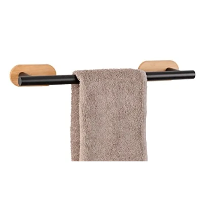 Image de Turbo Loc® Orea Bamboo Porte Serviettes de Bain en Acier Inoxydable Laqué Noir Mat Combiné avec Un Support Mural Bambou Fixation sans Perçage 40 X 4,5 7,5 Cm