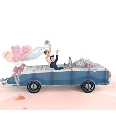 Image de MOKIO® Carte de mariage Pop Up Couple mariés dans la voiture 3D pour un cadeau en argent lune miel, vœux avec enveloppe