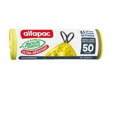 Image de Alfapac 10 sacs poubelle 50L à lien coulissant ultra résistant tri des emballages fabriqués en France bi matière recyclée &amp; végétale, Vert