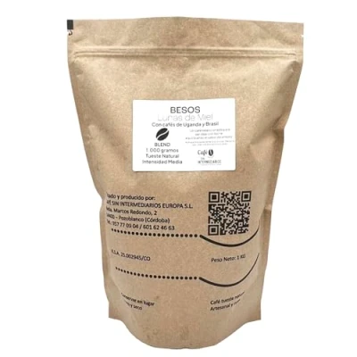 Image de CAFE SIN INTERMEDIARIOS Café Colombie Besos En Grano non moulu 1 Kg Torréfié hebdomadairement et fraîchement emballé Intensité de saveur moyenne Idéal pour au lait