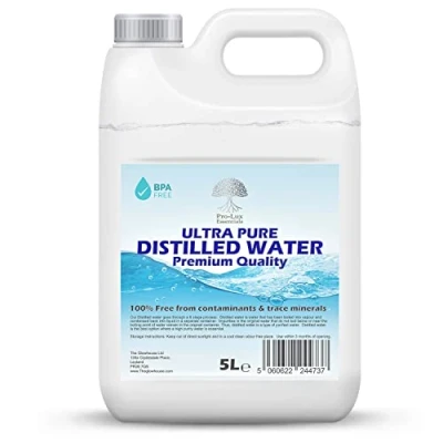 Image de Eau distillée 100 % pure pour PPC, fer, humidificateur, nettoyage, moteurs et plus encore Fabriquée au Royaume Uni (5 litres)