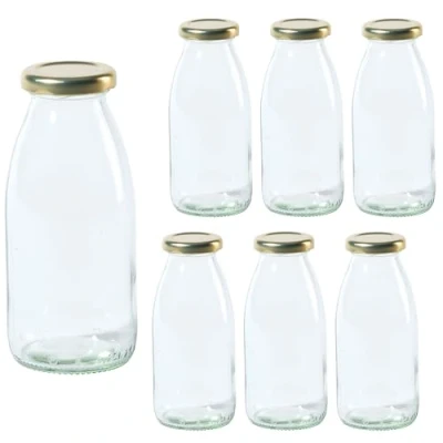 Image de Vitrea Hansa TO43 Lot de 6 bouteilles en verre vides 250 ml avec bouchon à visser doré Pour lait, jus, smoothies, huile Petites remplir couvercles