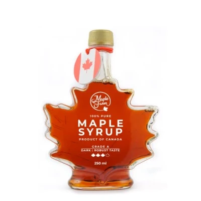 Image de MapleFarm Pur Sirop d&#039;érable Catégorie A, Foncé Goût robuste. 250 ml (330g). Bouteille de feuilles érable Original maple syrup Grade A (Dark, Robust taste)