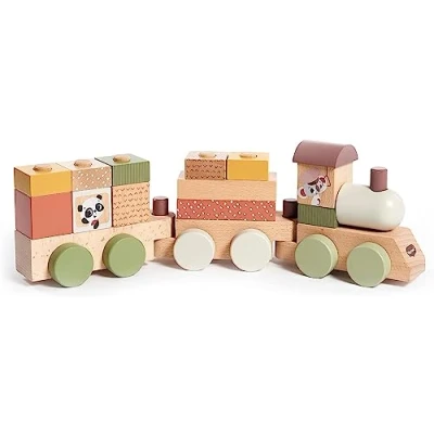 Image de Tiny Love Petit Train en bois Bebe, jouet bois, Trieur de formes avec 3 wagons et 14 blocs jeu empilables, Créativité, Motricité, Design Naturel, Dès 18 mois, Boho Chic