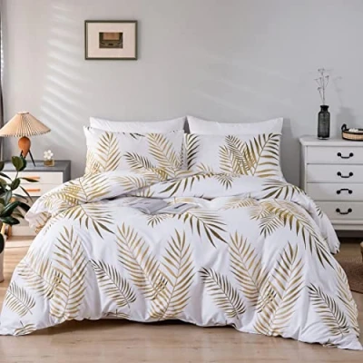 Image de Damier Parure de lit 155 x 220 cm avec housse couette en microfibre douce fermeture éclair dissimulée et taie d&#039;oreiller 80 cm, feuilles d&#039;érable