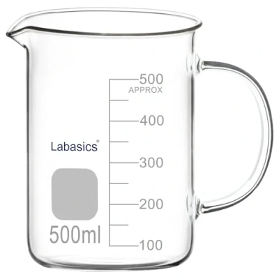 Image de Labasics Bécher en Verre, G3.3 Gobelet Gradué Verre Borosilicaté de Qualité Laboratoire Mesure Transparent Griffin Forme Basse avec Poignée et Bec Verseur, 500 ml