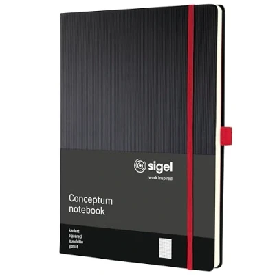 Image de SIGEL CO660 Carnet de notes premium à petits carreaux, A4, couverture rigide, noir, rouge Conceptum