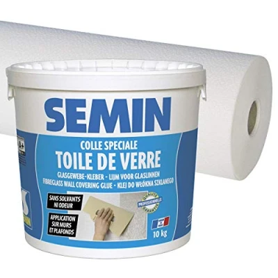 Image de Semin A01541 Colle en Pâte pour Toiles de Verre Prête à l&#039;Emploi, Seau 10 kg et A00767 Sem Crepi Eco C 103, Toile Murs Plafonds, Motif Crépi, Intérieur, 50 m x 1