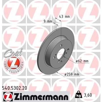 Image de ZIMMERMANN COAT Z 540.5302.20 Disque de frein 259 9 7/4 4 100 plein revêtu SUZUKI: SWIFT